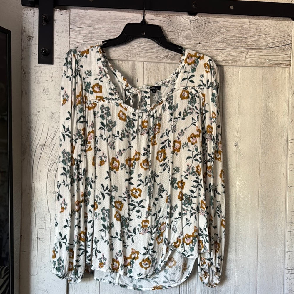 Angels Brown and Blue Tie Front Long Sleeve Blouse